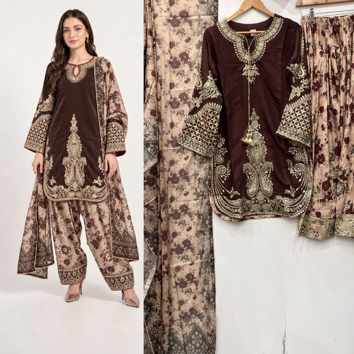 378B Brown Embroidered Viscose Pakistani Shalwar Suit - East meets west clothing 