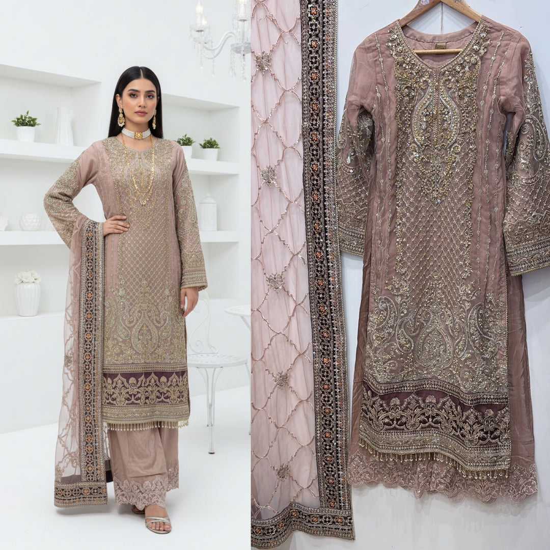 330B - DARK PINK NET EMBROIDERED SUIT