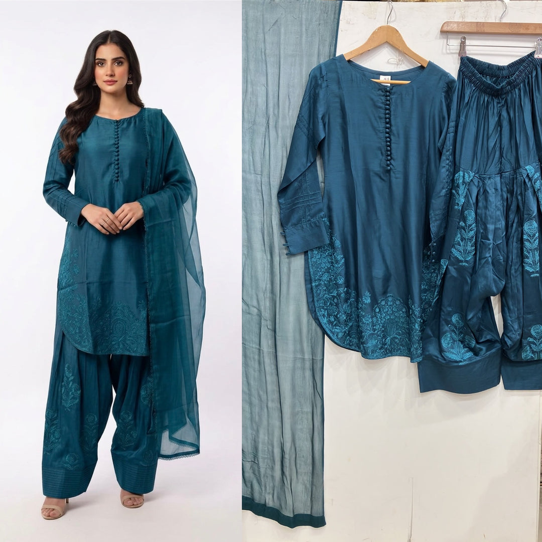 1113D - Teal Embroidered Viscose Farshi Shalwar 3 Piece suit