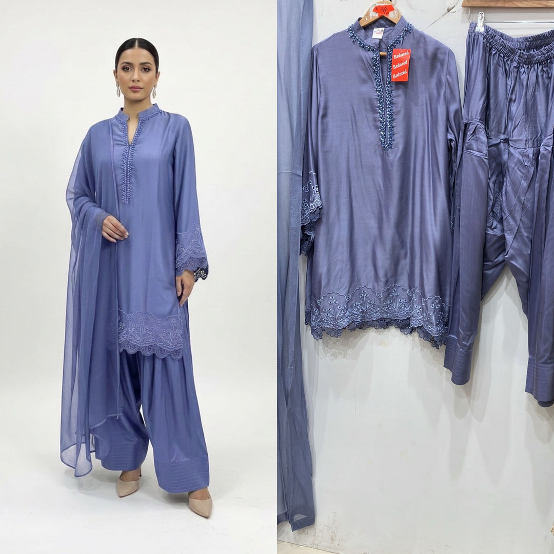 1116R - Lavender Blue Viscose Silk Shirt with Farshi Shalwar & Chiffon Dupatta