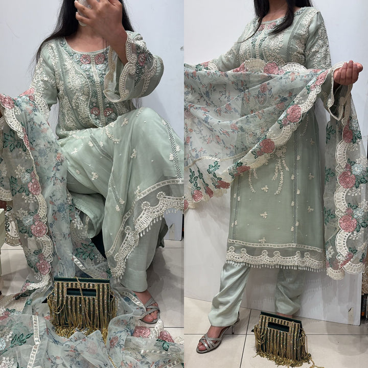 BABY BLUE EMBROIDERED CHIFFON 3 PIECE SUIT 228C