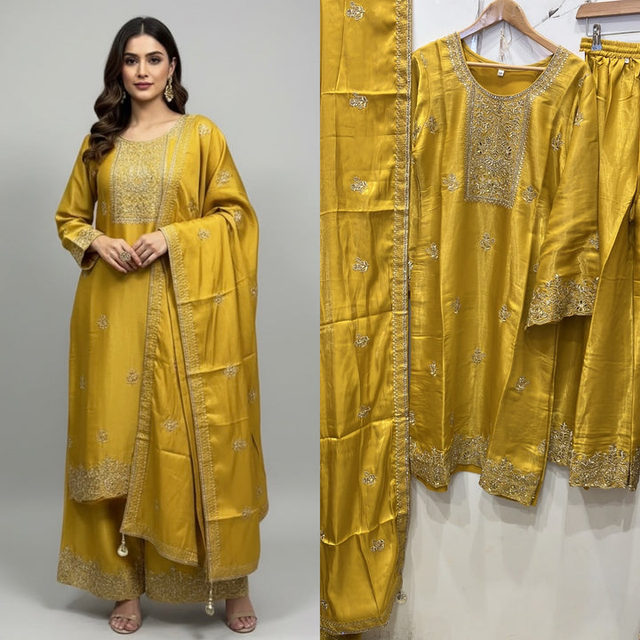 315B- MUSTARD EMBROIDERED SHIMMER SILK 3 PIECE SUIT