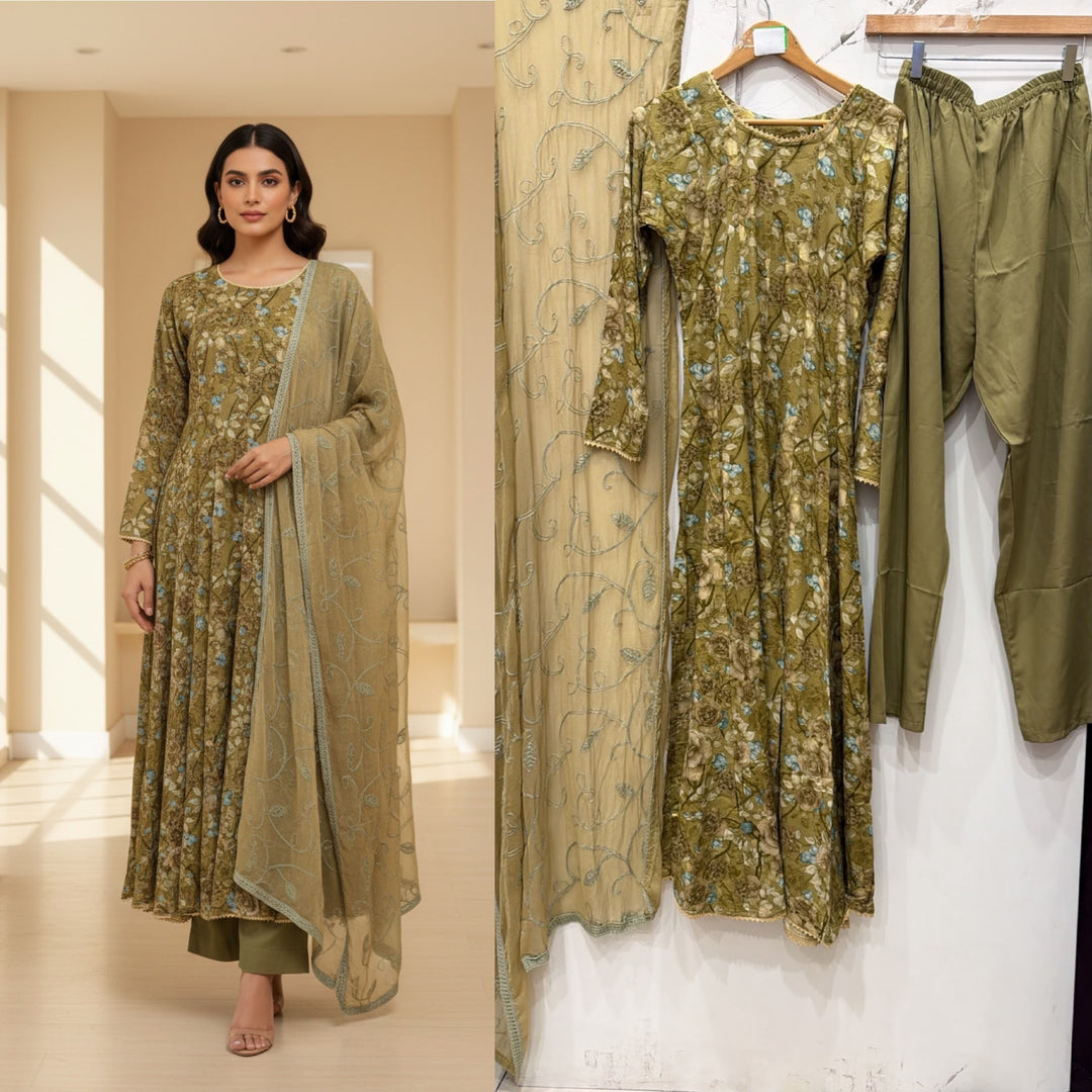 GS04 - Green Floral Cotton Long Dress 3-Piece Pakistani suit