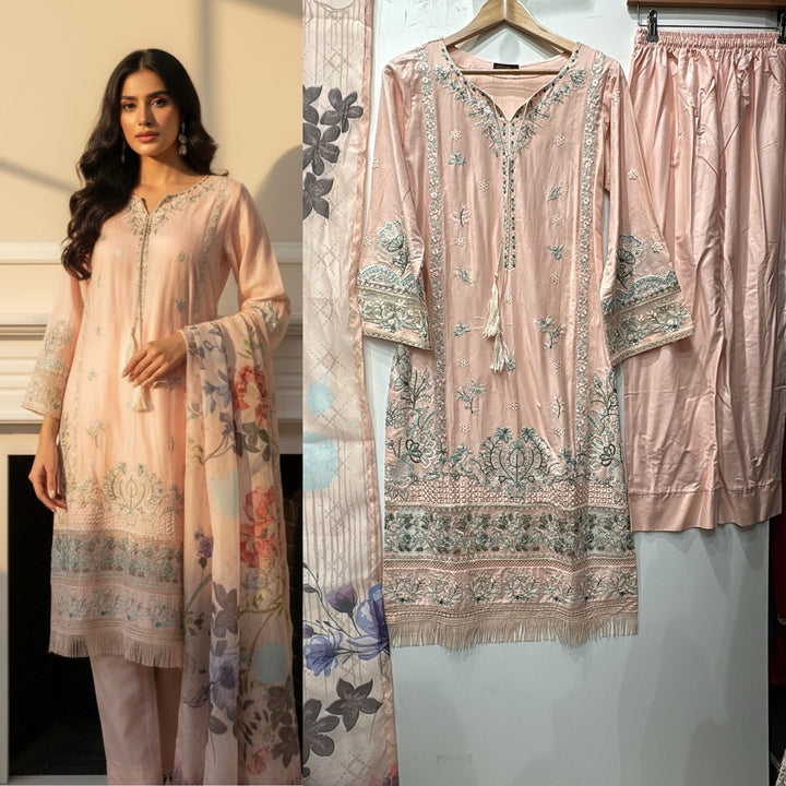 1154B - Peach Embroidered Linen 3 Piece suit