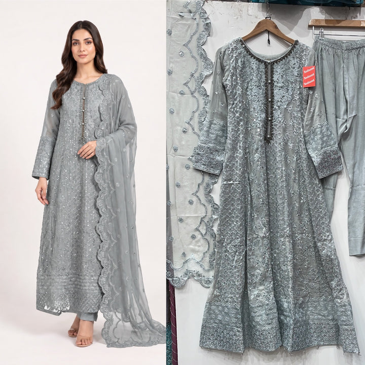 1915B - GREY CHIFFON EMBROIDERED LONG DRESS - East meets west clothing 