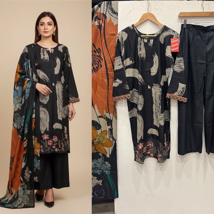 PL03 - EMBROIDERED LINEN PRINT 3 PIECE SUIT