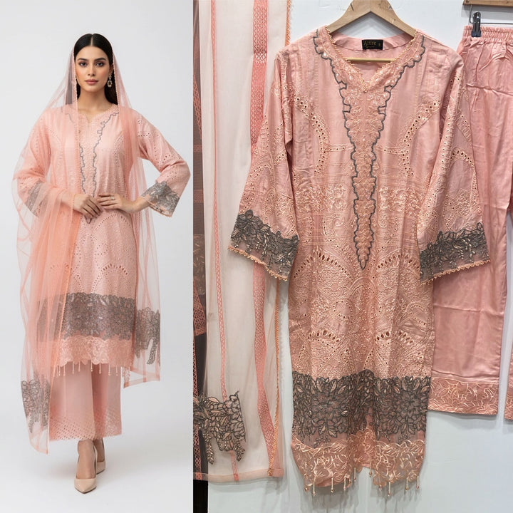 1173K - Peach Embroidered Linen 3 Piece suit