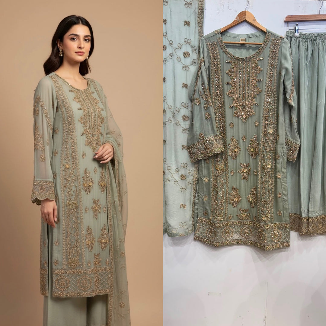 348A- Embroidered Chiffon 3 Piece Suit