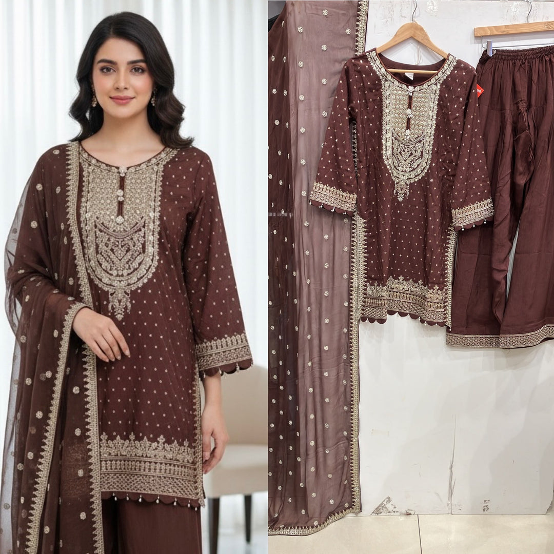 362D- Brown Embroidered Silk Farshi Shalwar 3 Piece Suit