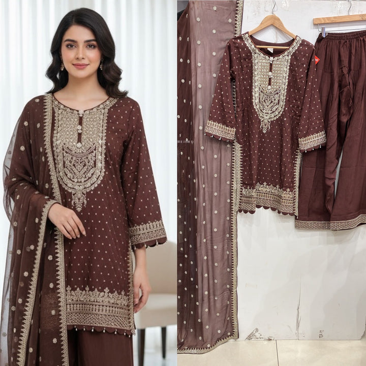 362D- Brown Embroidered Silk Farshi Shalwar 3 Piece Suit
