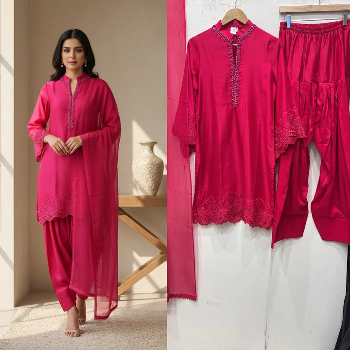 NF03 - Dark Pink Farshi Shalwar Embroidered linen suit