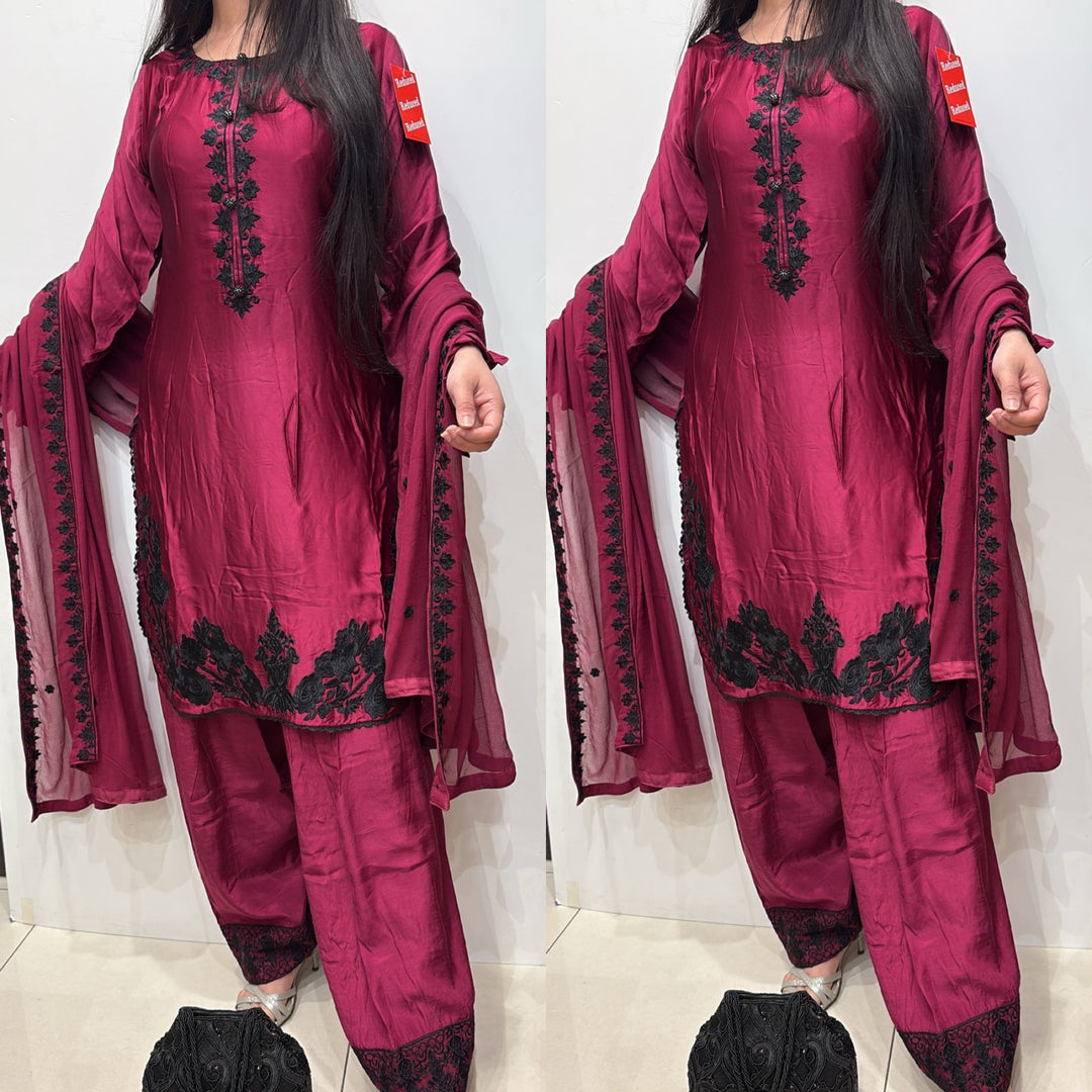 FN13 - PLUM FARSHI SHALWAR EMBROIDERED SILK SUIT