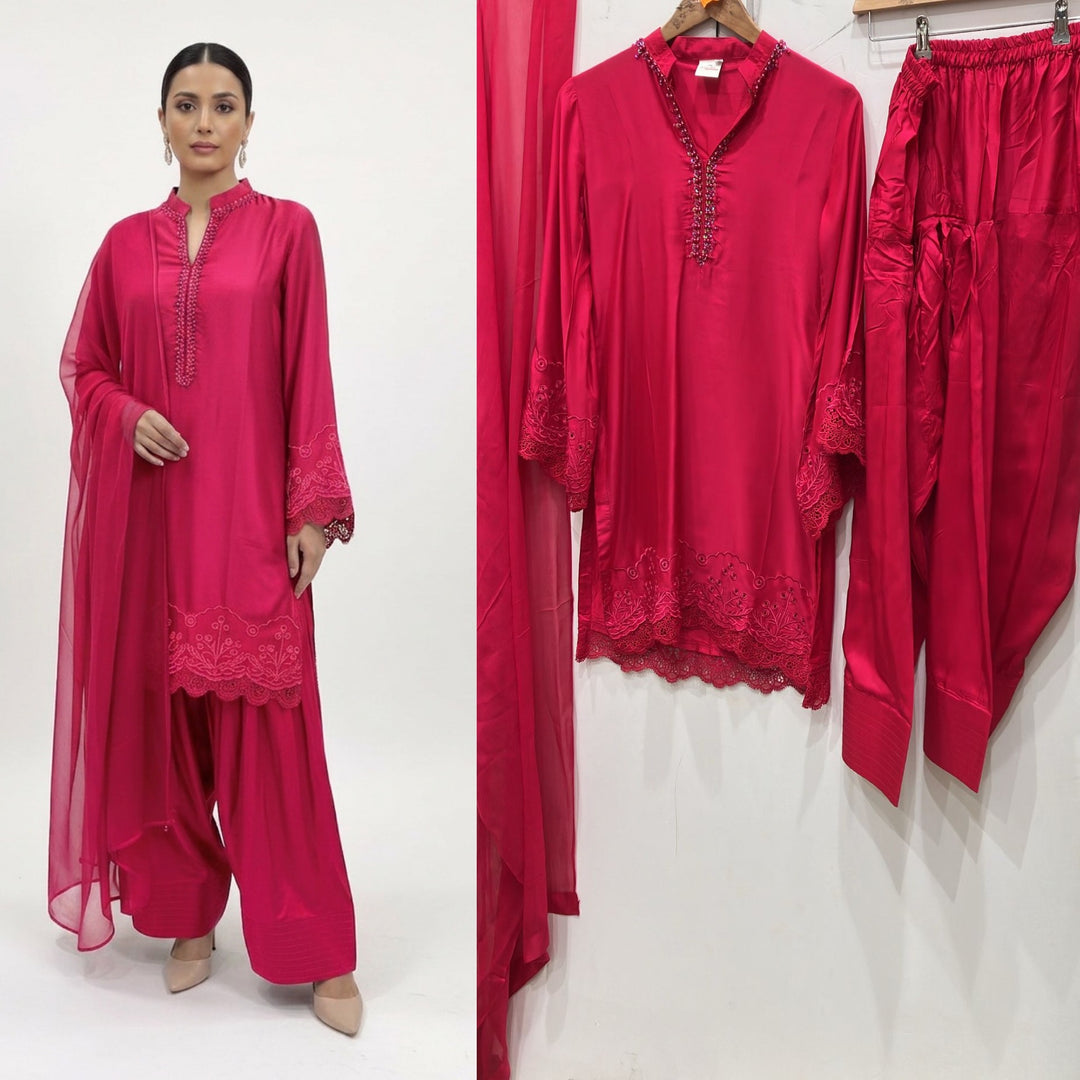 1116L - Fuchsia Pink Viscose Silk Shirt with Farshi Shalwar & Chiffon Dupatta