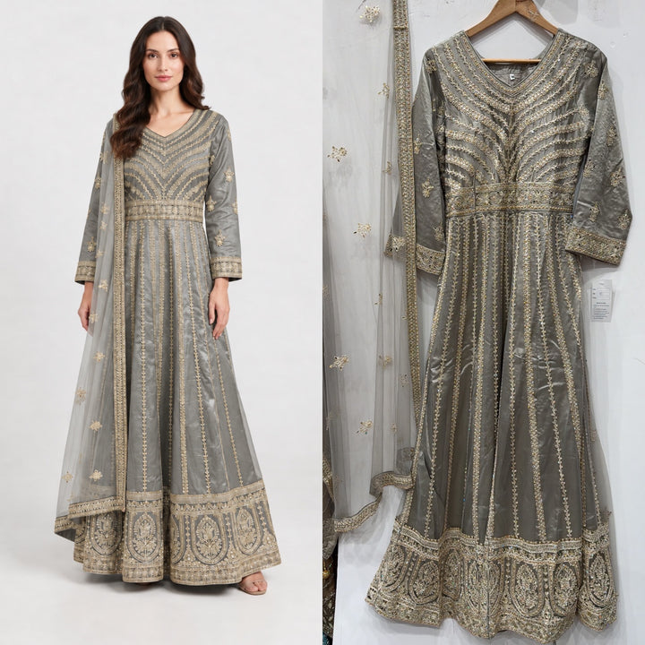 134A - Grey Net Embroidered Maxi Dress