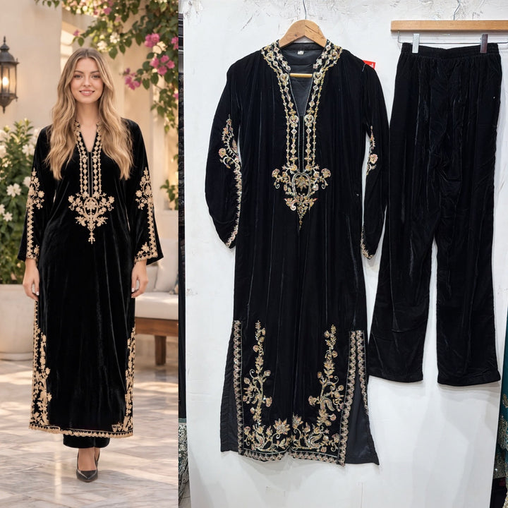 W636 LUXURY VELVET EMBROIDERED KAFTAN SET - East meets west clothing 
