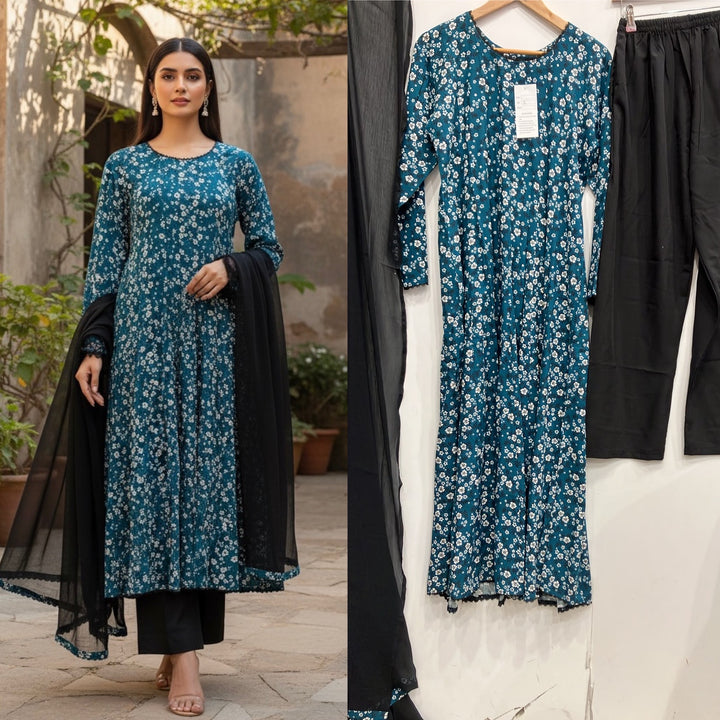 LS03 - TEAL COTTON PRINT LONG DRESS 3 PIECE SUIT