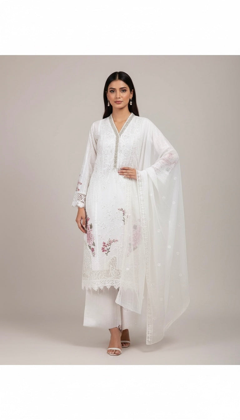 1117D - White Embroidered Cotton 3 Piece suit