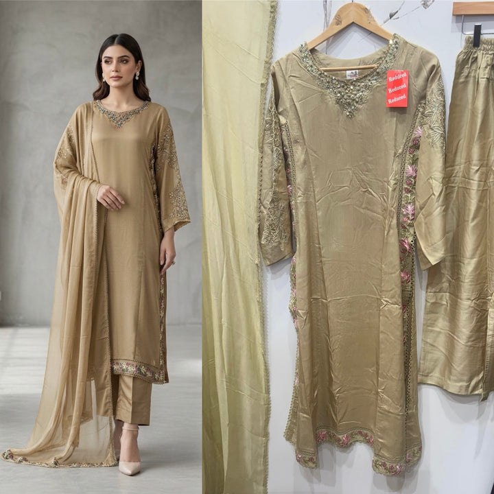 1123B - Beige Embroidered Viscose Pakistani Suit with Chiffon Dupatta