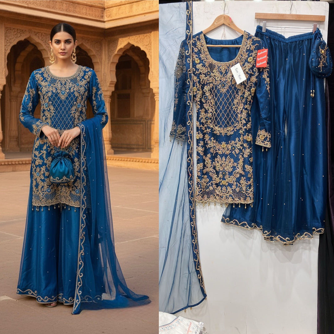 198E - DARK BLUE EMBROIDERED & EMBELLISHED NET SUIT