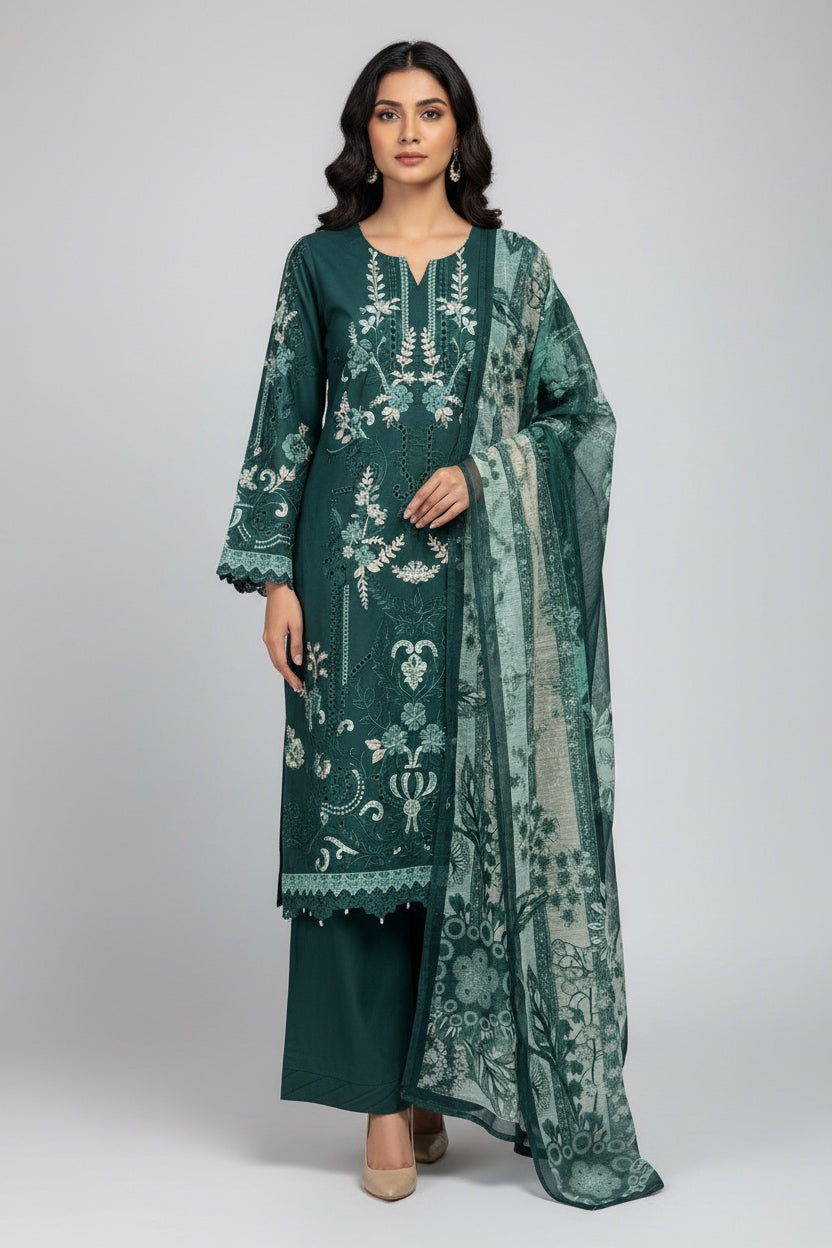 1118D- Green Embroidered Cotton 3 Piece suit