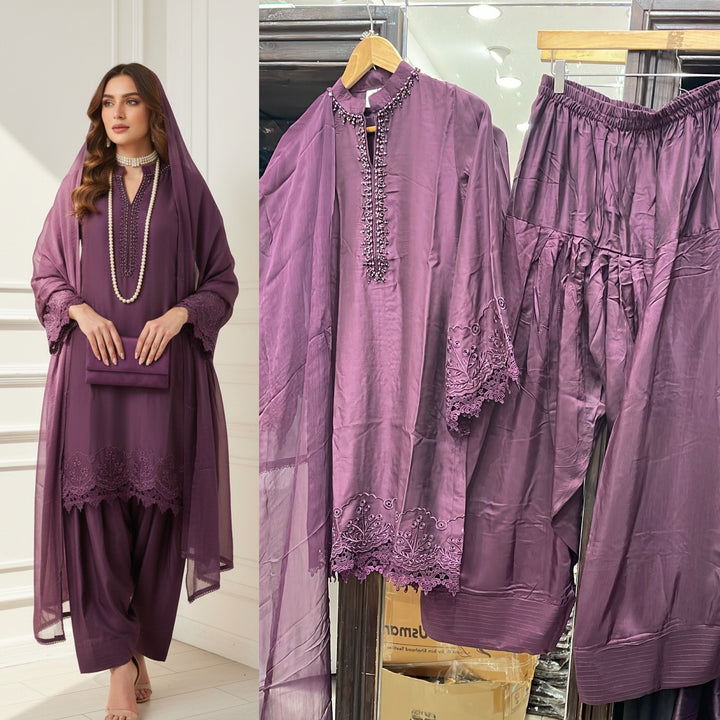 LF03 - Purple Farshi Shalwar Embroidered linen suit