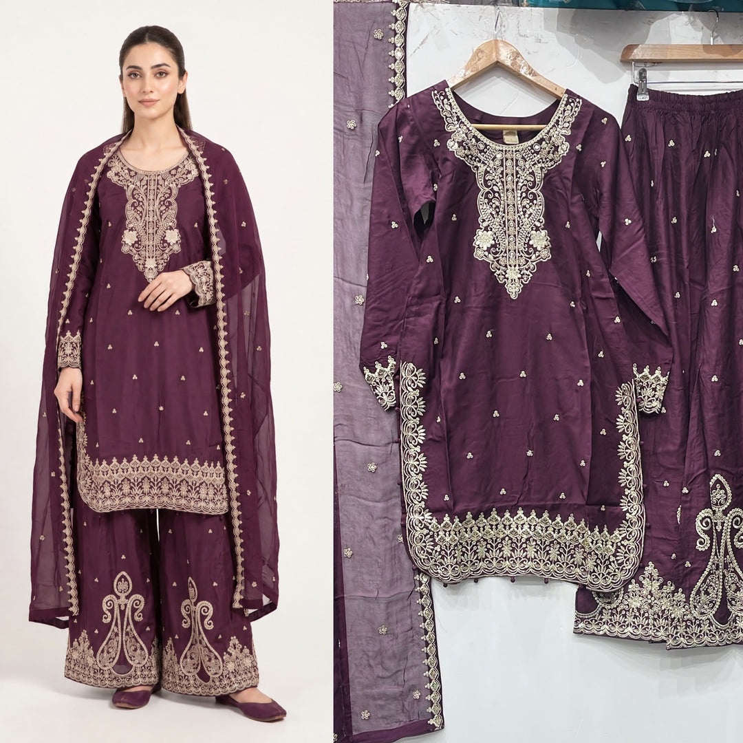 373A Purple Viscose Silk Embroidered Pakistani Suit with Chiffon Dupatta - East meets west clothing 