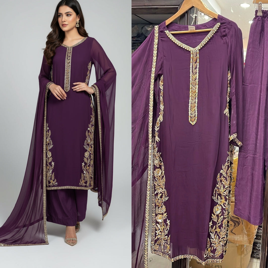 323A - PURPLE CHIFFON EMBROIDERED ADDA WORK SUIT