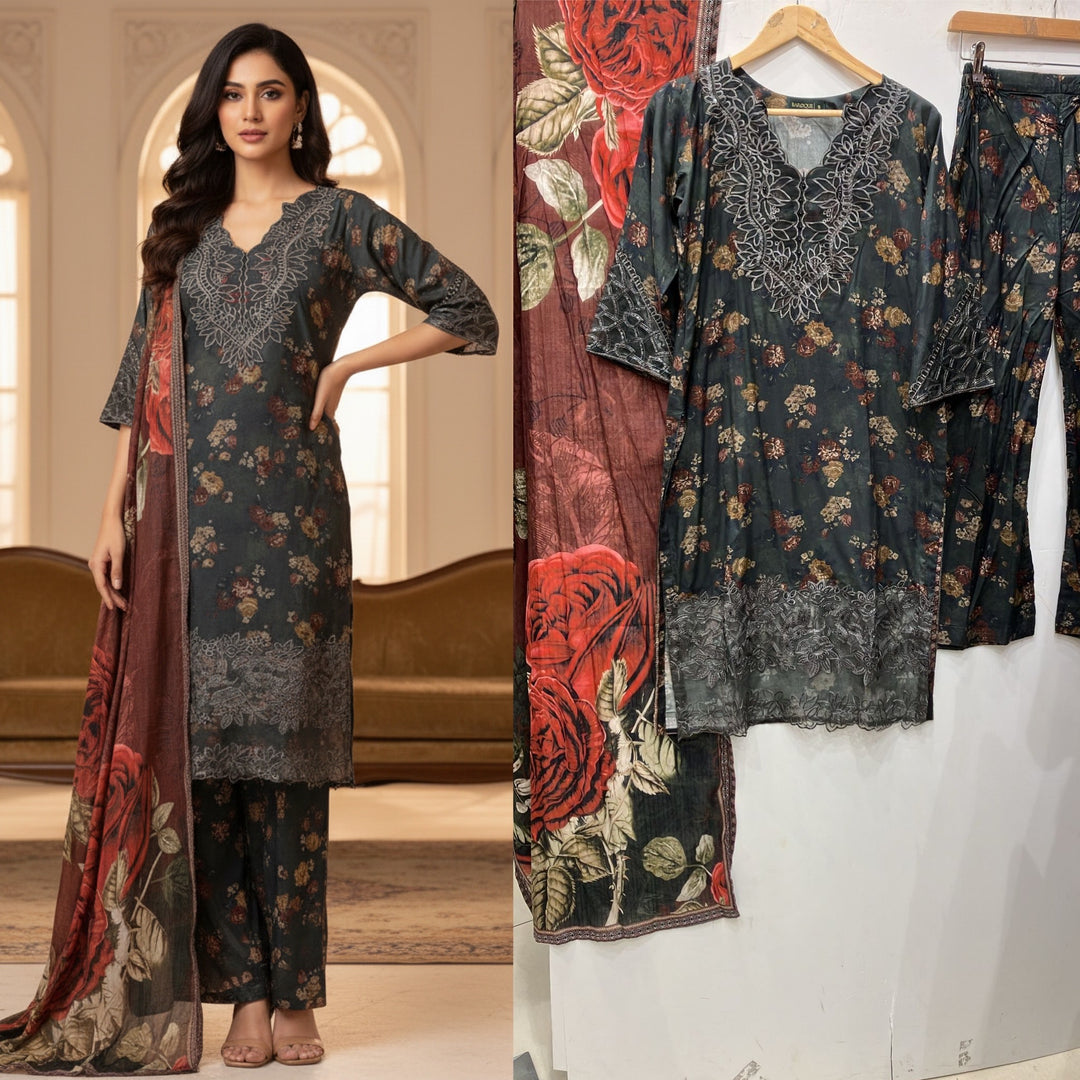 KB04 - EMBROIDERED LINEN PRINT 3 PIECE SUIT