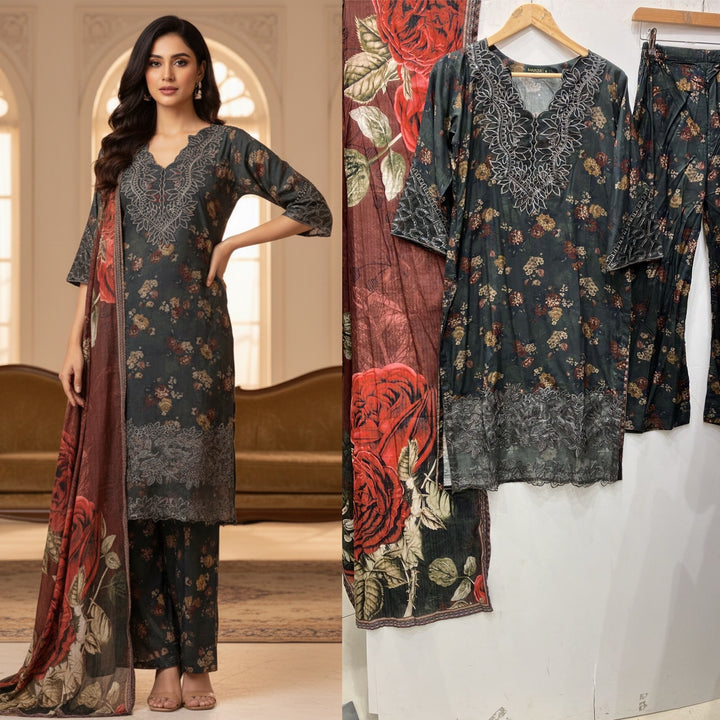 KB04 - EMBROIDERED LINEN PRINT 3 PIECE SUIT