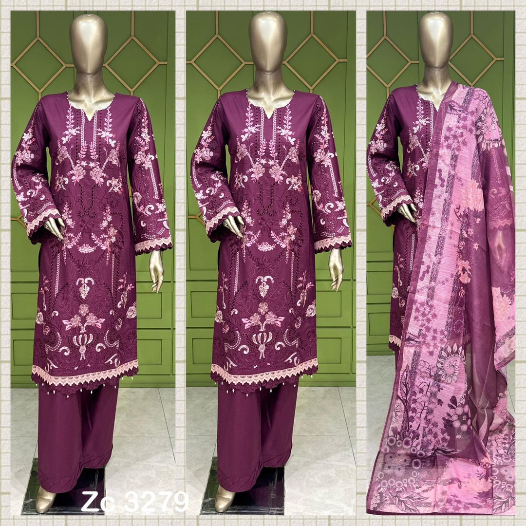 1118E- Plum Embroidered Cotton 3 Piece suit