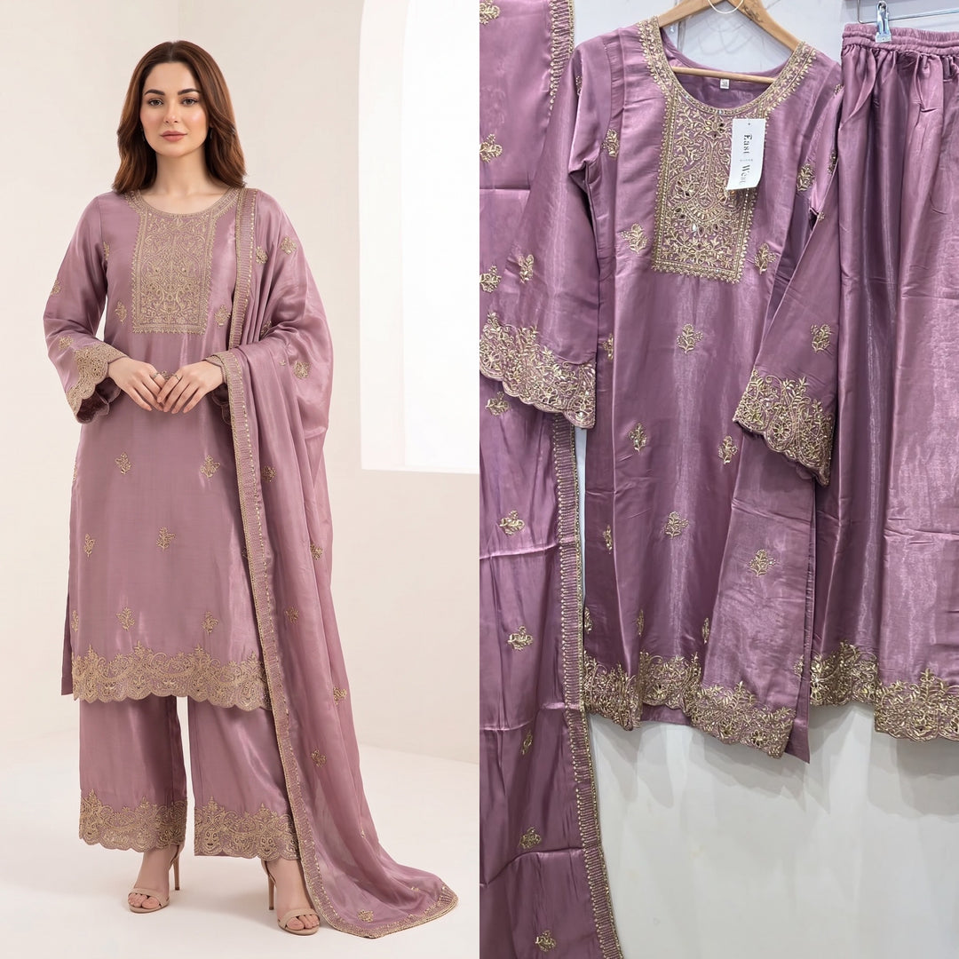 315C- PURPLE EMBROIDERED SHIMMER SILK 3 PIECE SUIT