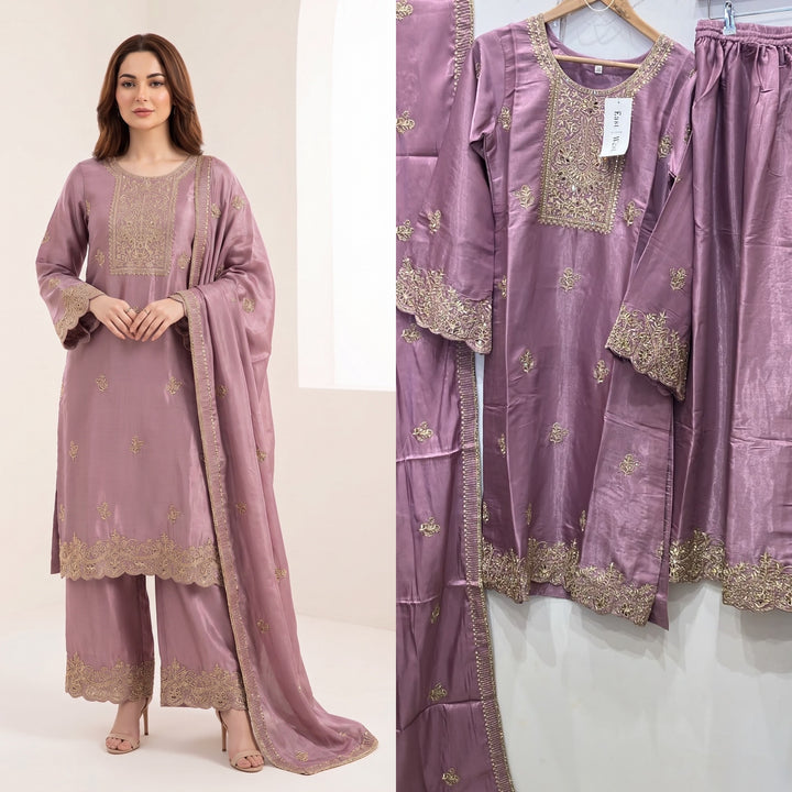 315C- PURPLE EMBROIDERED SHIMMER SILK 3 PIECE SUIT