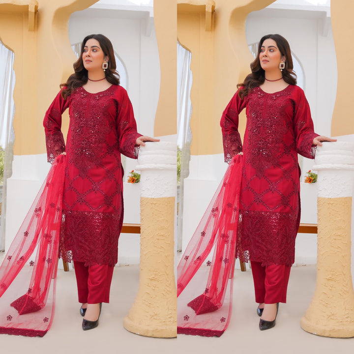 74C - Maria b inspired Red Embroidered Linen suit