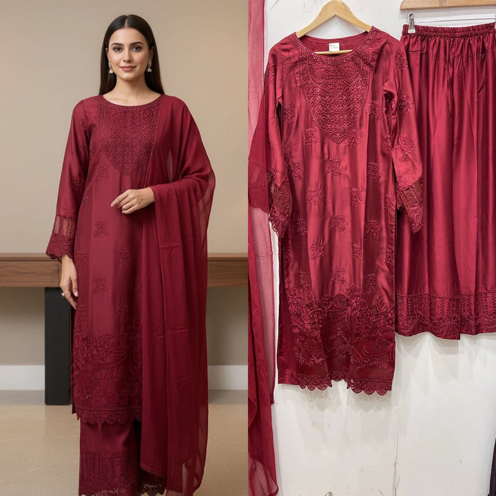 1185A - Red Embroidered Viscose Linen 3 Piece suit