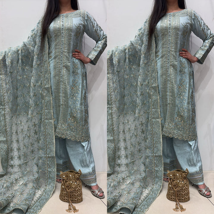 388A- LIGHT BLUE EMBROIDERED CHIFFON 3 PIECE SUIT