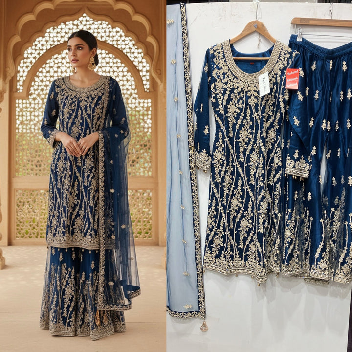 168C - BLUE EMBROIDERED & EMBELLISHED NET SUIT