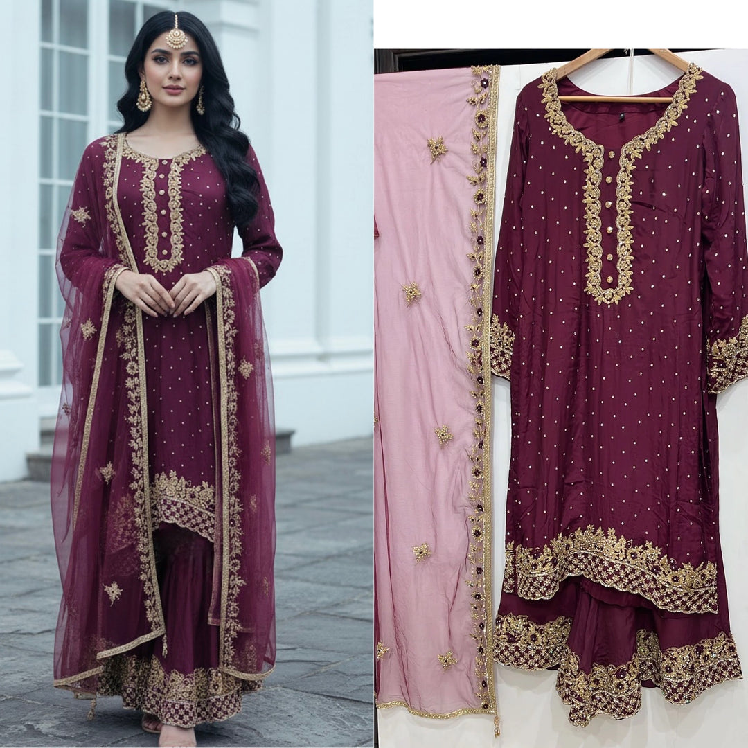0142B- PLUM GEORGETTE FARSHI PALAZZO SUIT