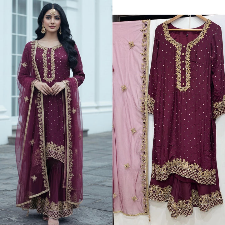 0142B- PLUM GEORGETTE FARSHI PALAZZO SUIT