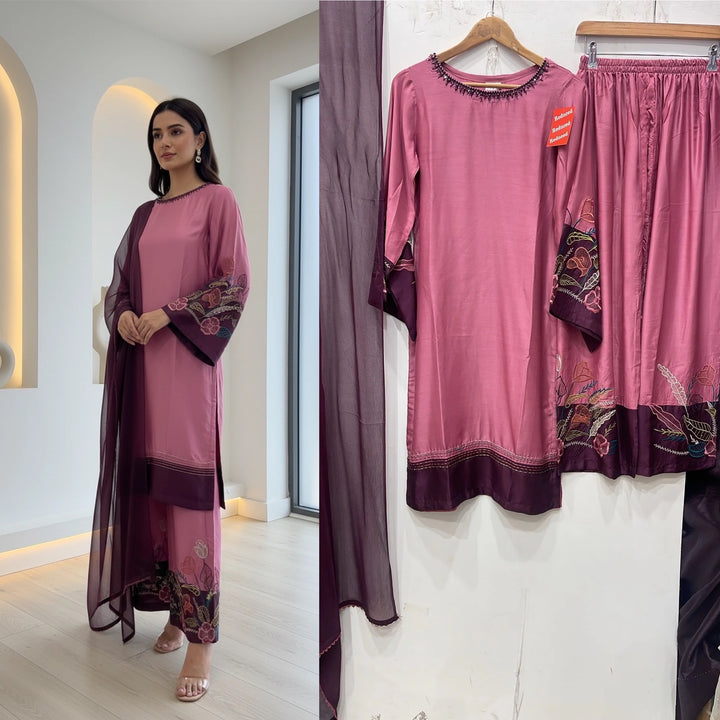 1180A - Pink Embroidered Viscose 3 Piece suit