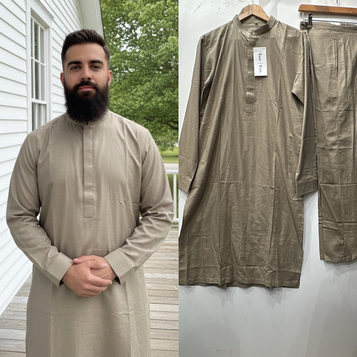 Dno. 02b Men's beige gold traditional Kameez set