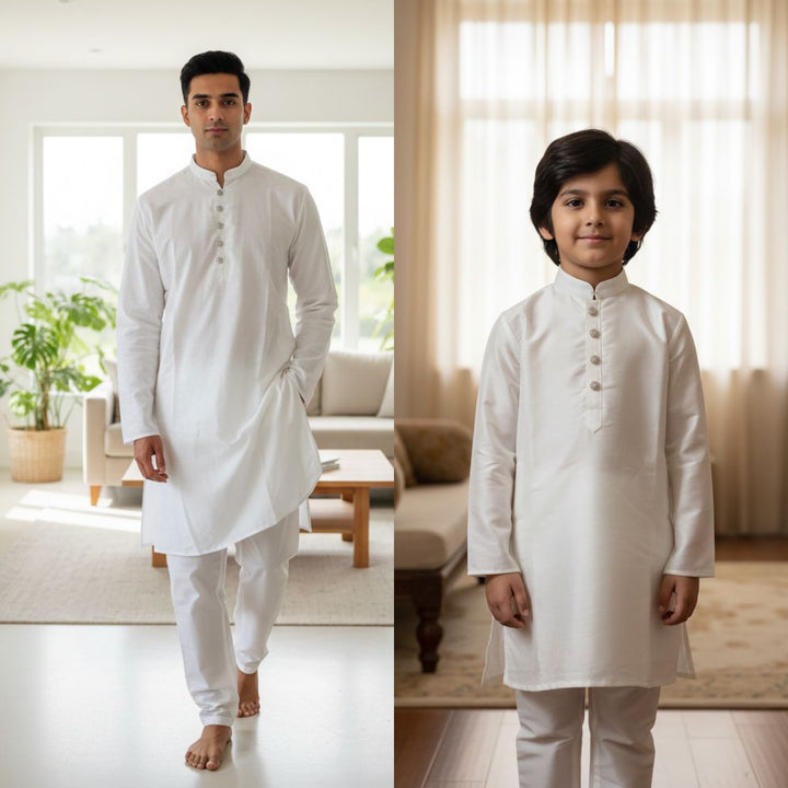 CK603A-  White cotton satin kameez set for Men and Boys