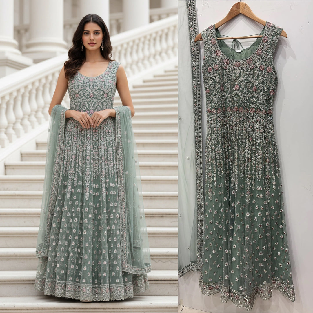 7012B- Embroidered & Embellished net long dress