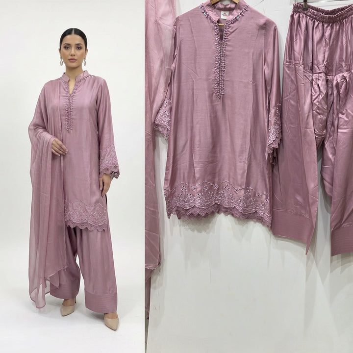 1116M - Dusty Pink Viscose Silk Shirt with Farshi Shalwar & Chiffon Dupatta