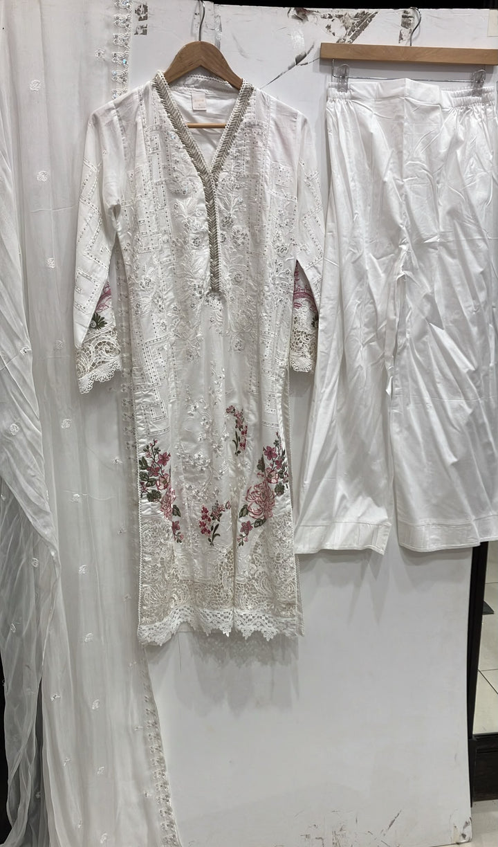 1117D - White Embroidered Cotton 3 Piece suit