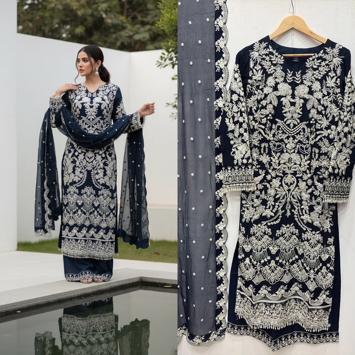 326D- Blue Embroidered Chiffon 3 Piece Suit