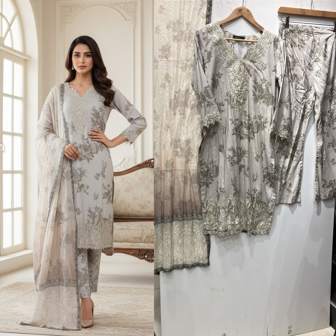 KB03 - EMBROIDERED LINEN PRINT 3 PIECE SUIT