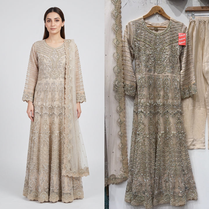 372A - BEIGE GOLD NET EMBROIDERED LONG DRESS