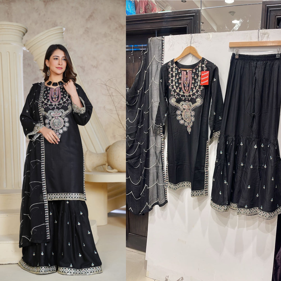 1162A - Black Embroidered Linen 3 Piece Sharara suit