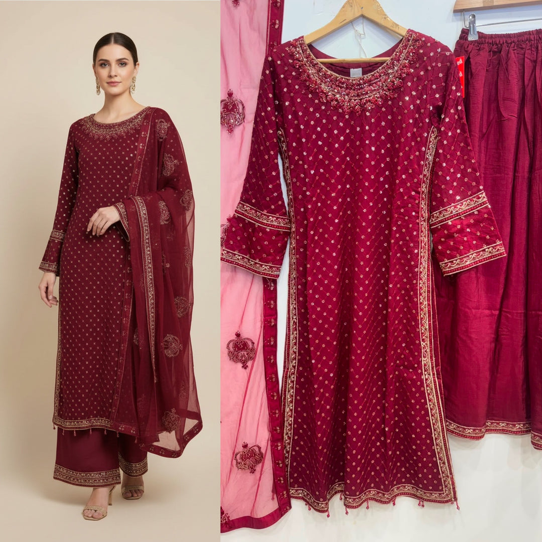 345A- Red Embroidered Chiffon 3 Piece Suit