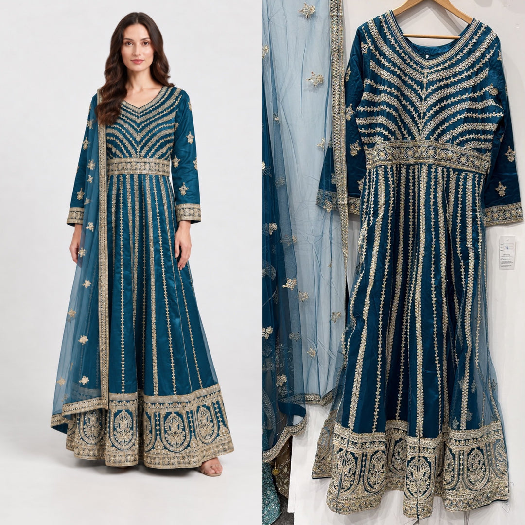 134E - Teal Net  Embroidered Maxi Dress